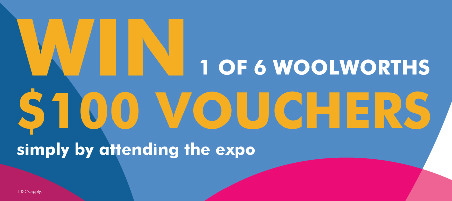 Blue pink yellow graphic win 100 dollar voucher at Care Expo Sydney